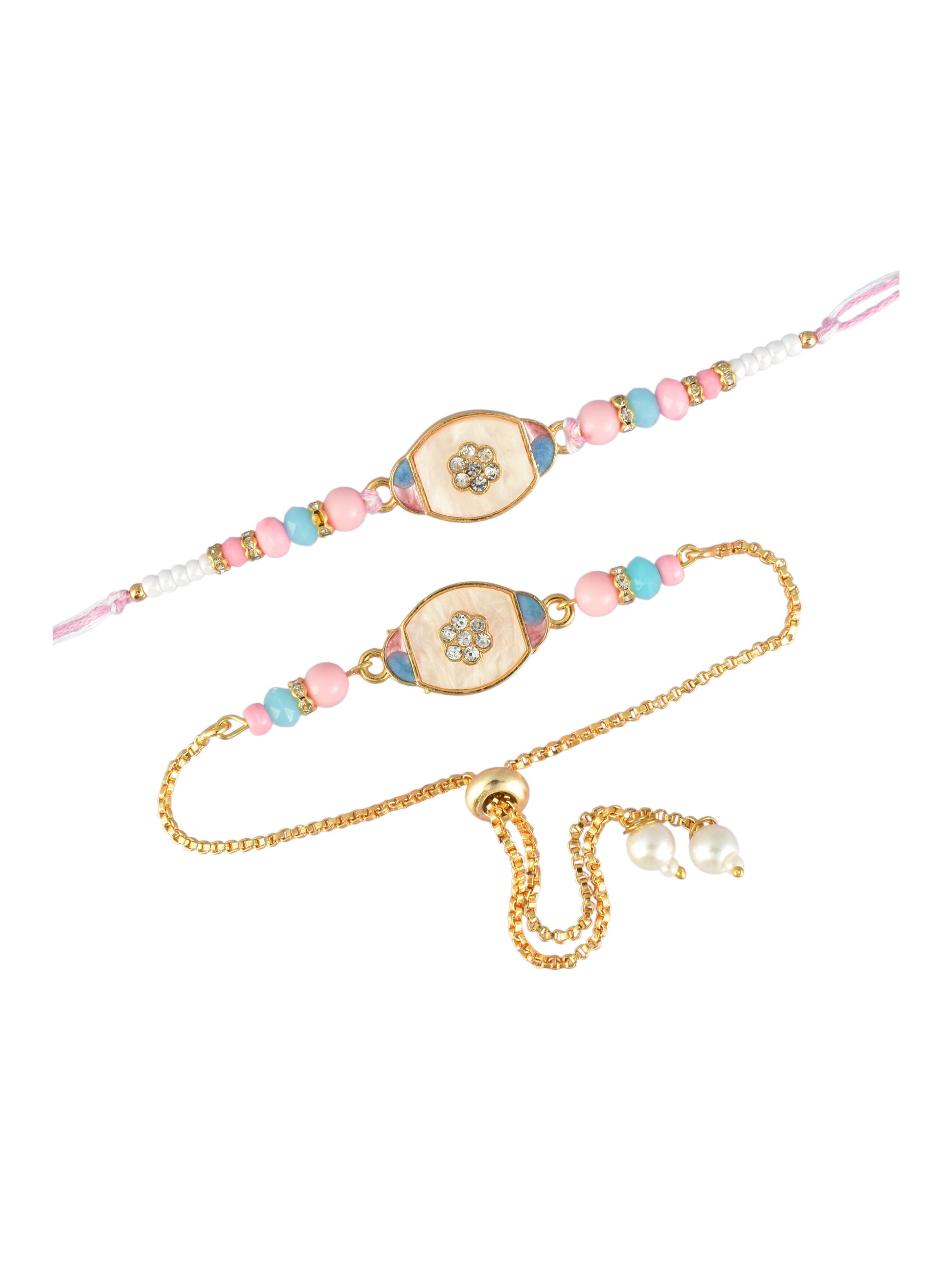 Premium Pastel Round Design AD Studded Beaded Bhai and Bracelet Type for Bhabhi