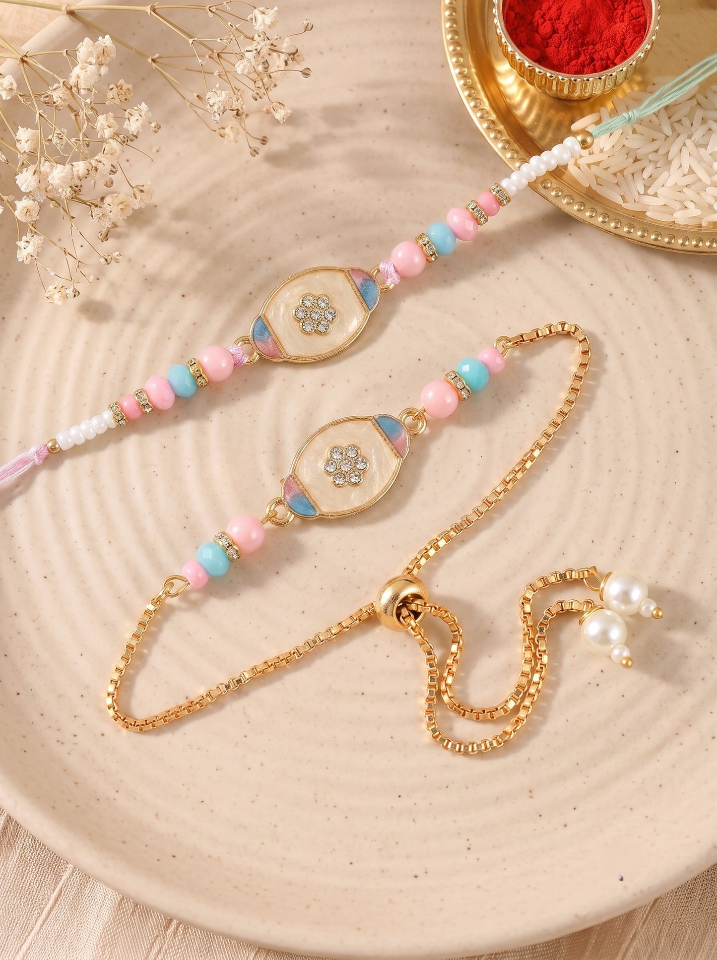 Premium Pastel Round Design AD Studded Beaded Bhai and Bracelet Type for Bhabhi