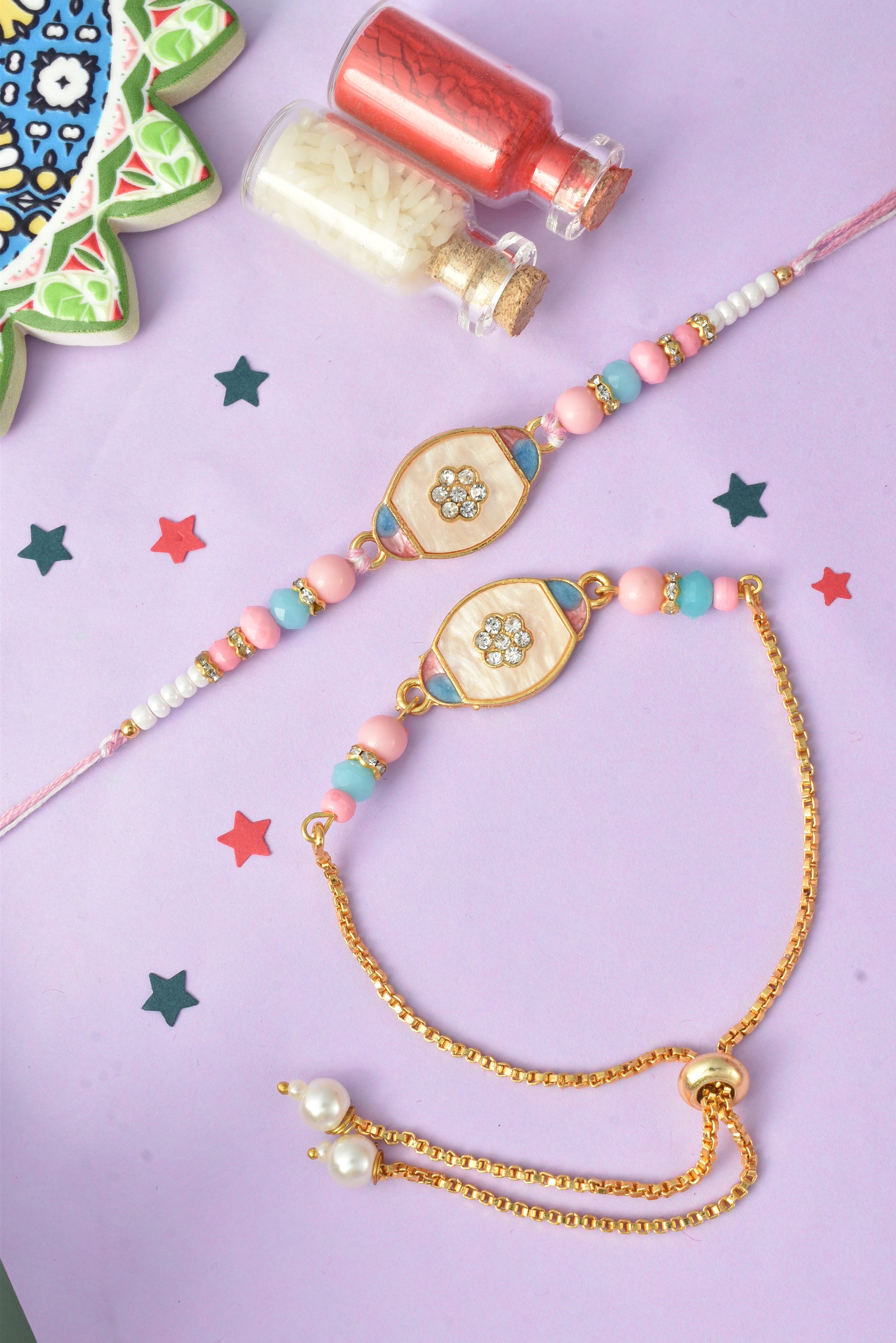 Premium Pastel Round Design AD Studded Beaded Bhai and Bracelet Type for Bhabhi