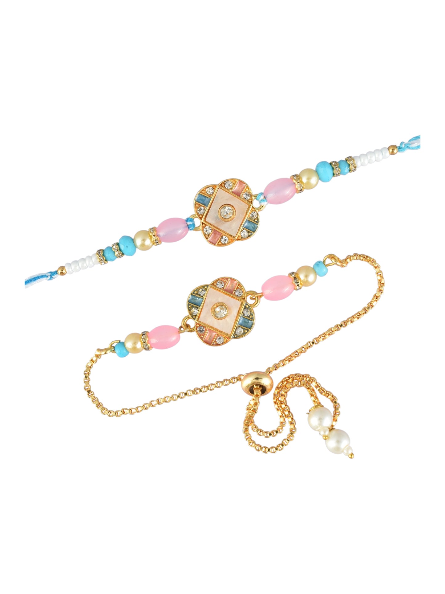 Premium Pastel Round Design AD Studded Beaded Bhai and Bracelet Type for Bhabhi
