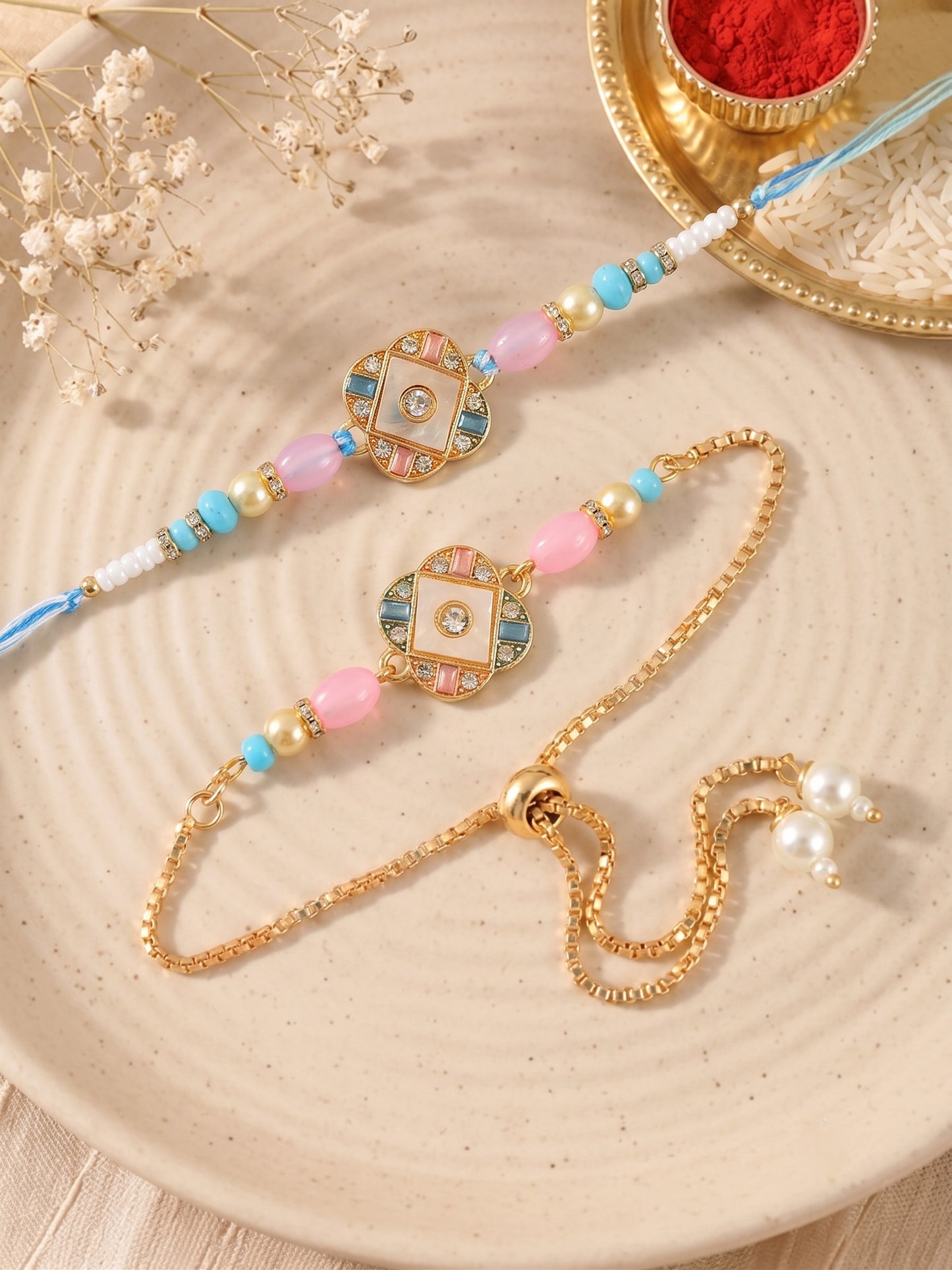 Premium Pastel Round Design AD Studded Beaded Bhai and Bracelet Type for Bhabhi