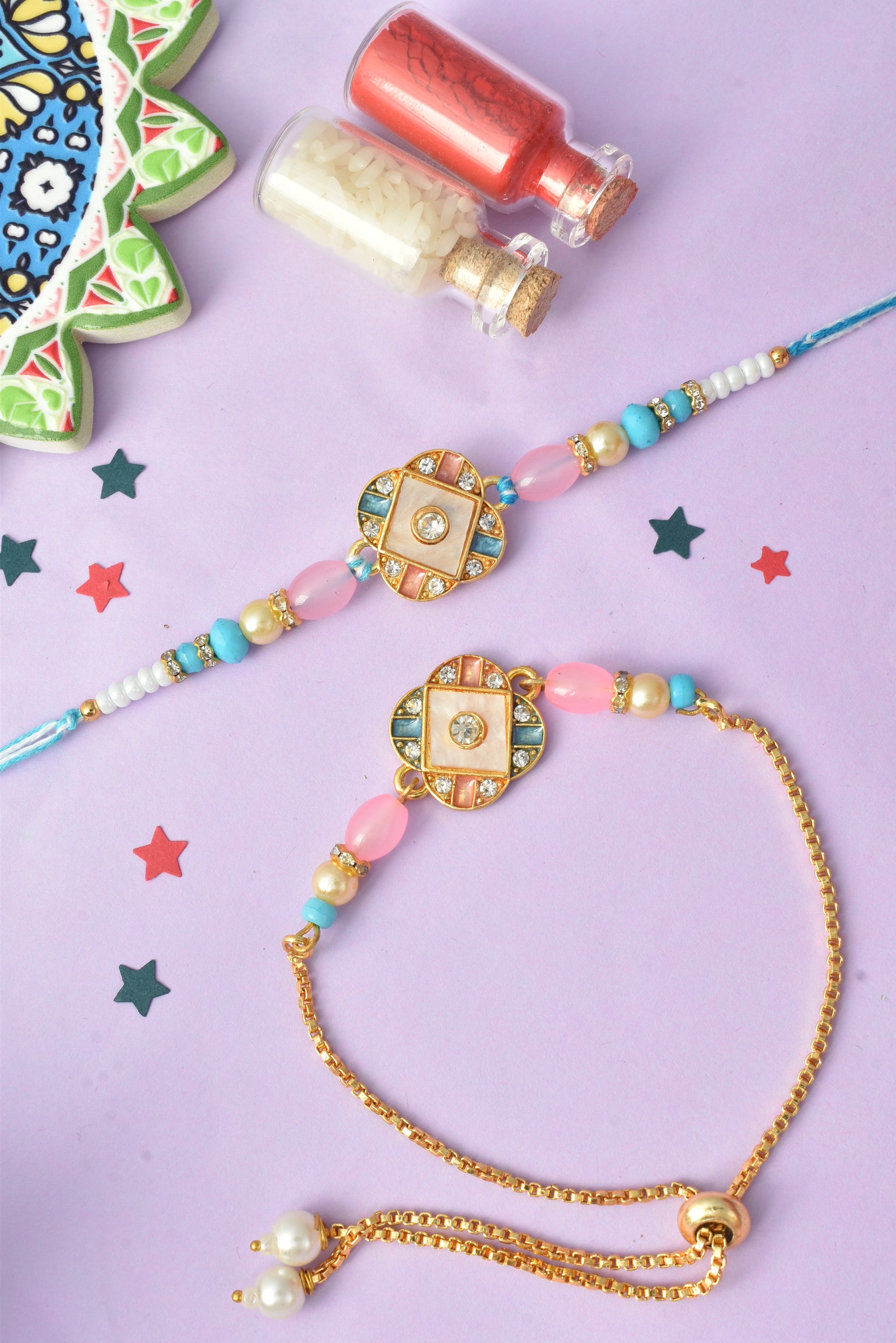 Premium Pastel Round Design AD Studded Beaded Bhai and Bracelet Type for Bhabhi