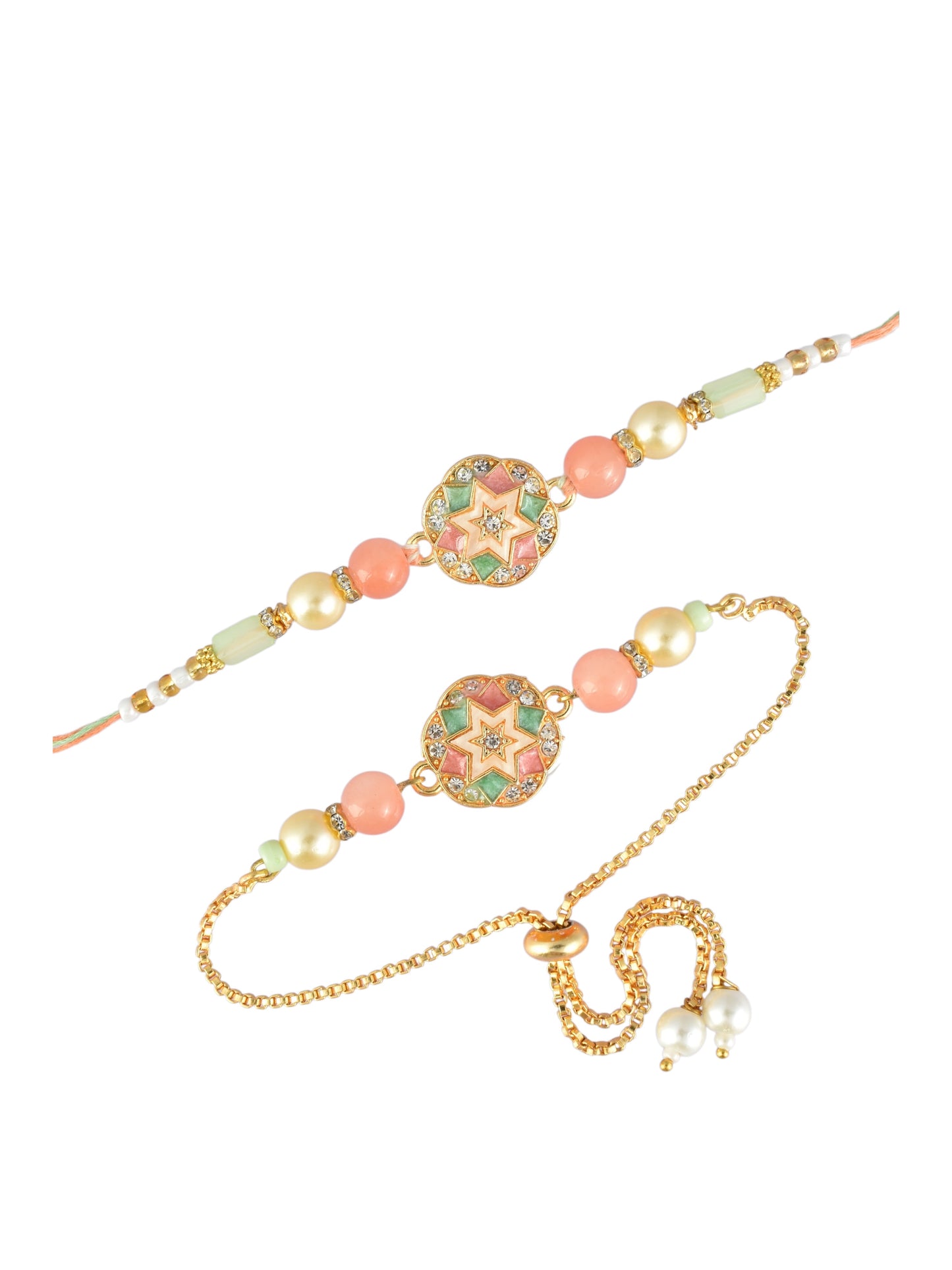 Premium Pastel Round Design AD Studded Beaded Bhai and Bracelet Type for Bhabhi