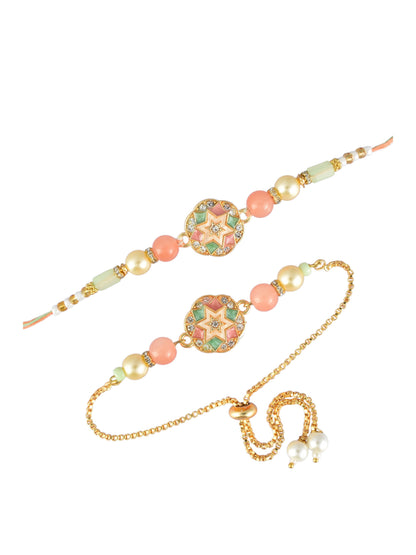 Premium Pastel Round Design AD Studded Beaded Bhai and Bracelet Type for Bhabhi