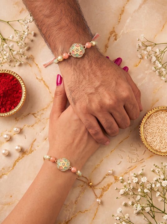 Premium Pastel Round Design AD Studded Beaded Bhai and Bracelet Type for Bhabhi