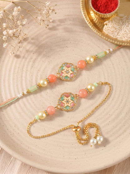 Premium Pastel Round Design AD Studded Beaded Bhai and Bracelet Type for Bhabhi