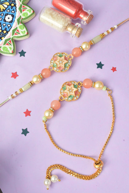Premium Pastel Round Design AD Studded Beaded Bhai and Bracelet Type for Bhabhi