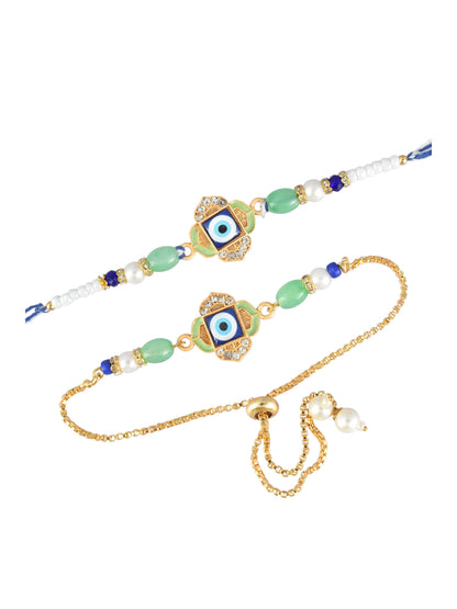 Premium Pastel Evil Eye Design AD Studded Beaded Bhai and Bracelet Type for Bhabhi
