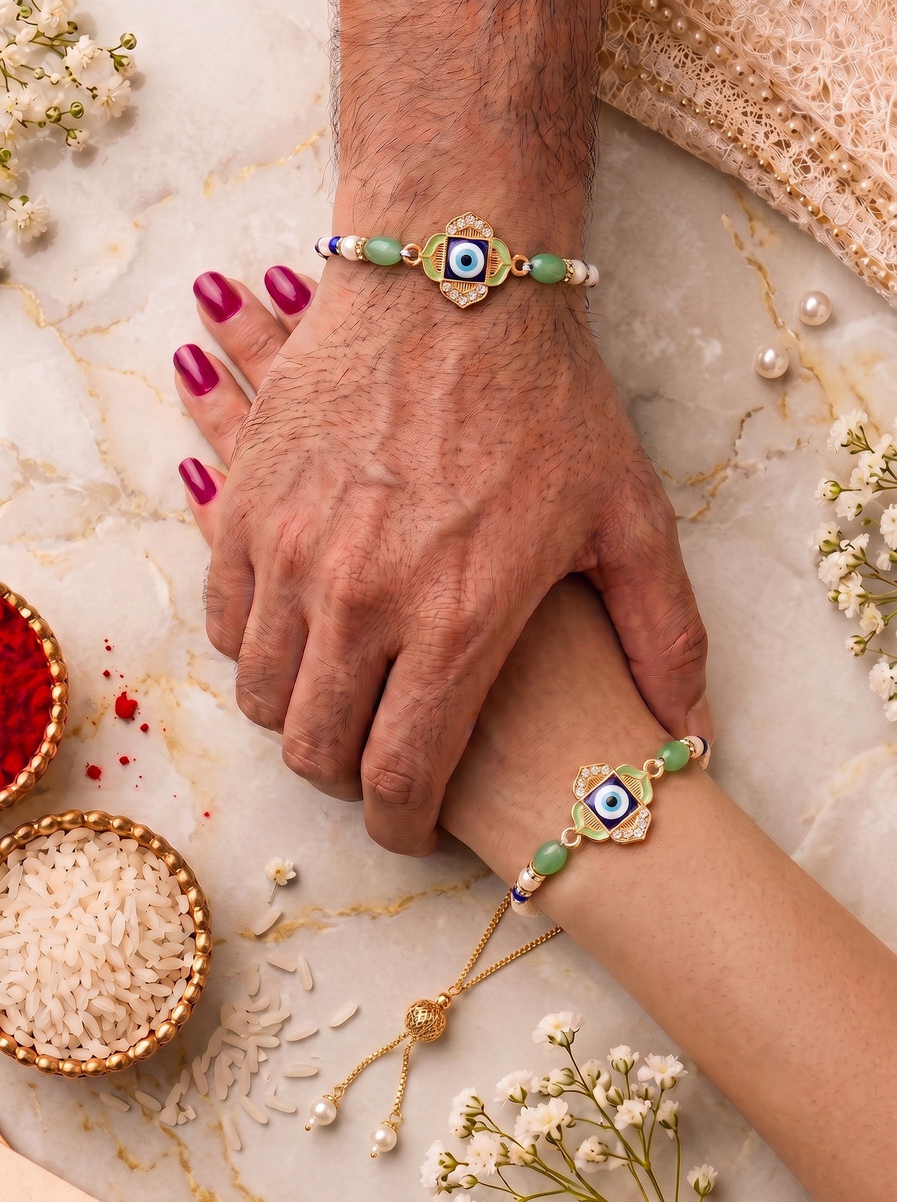 Premium Pastel Evil Eye Design AD Studded Beaded Bhai and Bracelet Type for Bhabhi