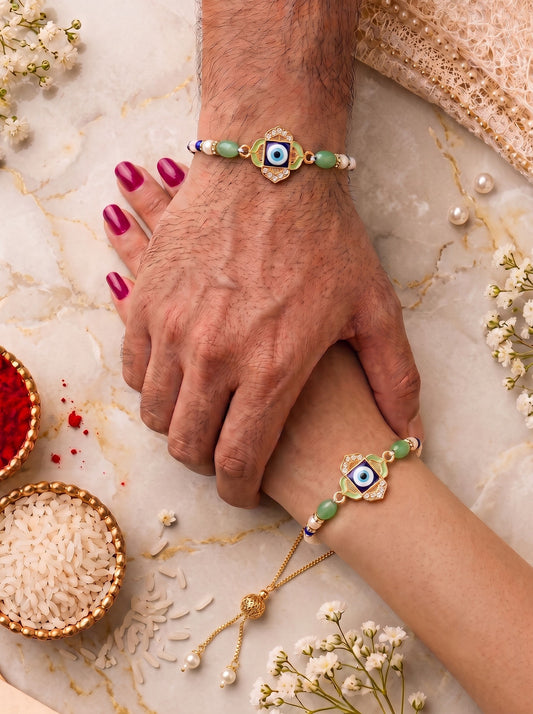 Premium Pastel Evil Eye Design AD Studded Beaded Bhai and Bracelet Type for Bhabhi