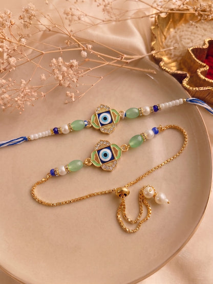 Premium Pastel Evil Eye Design AD Studded Beaded Bhai and Bracelet Type for Bhabhi