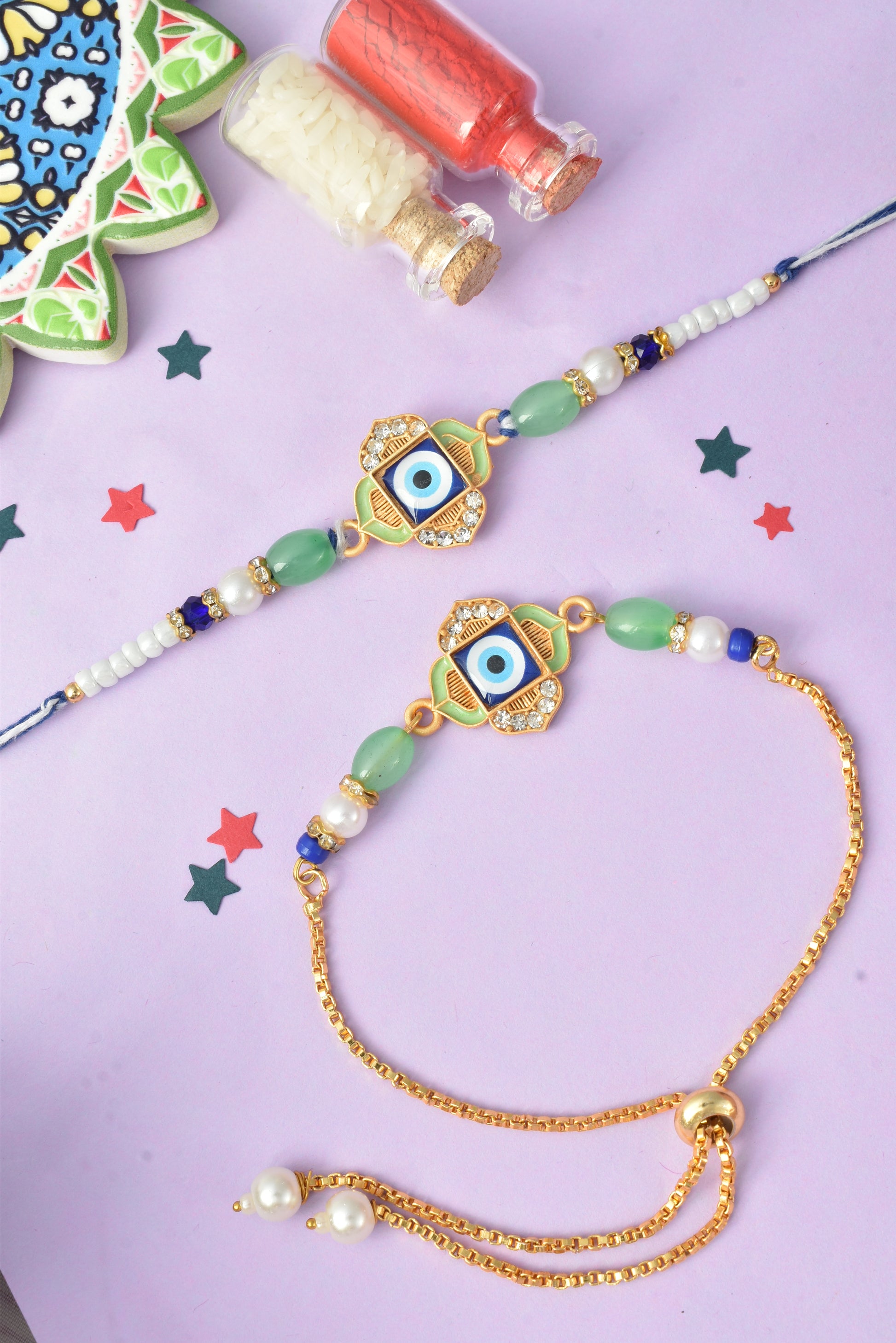 Premium Pastel Evil Eye Design AD Studded Beaded Bhai and Bracelet Type for Bhabhi