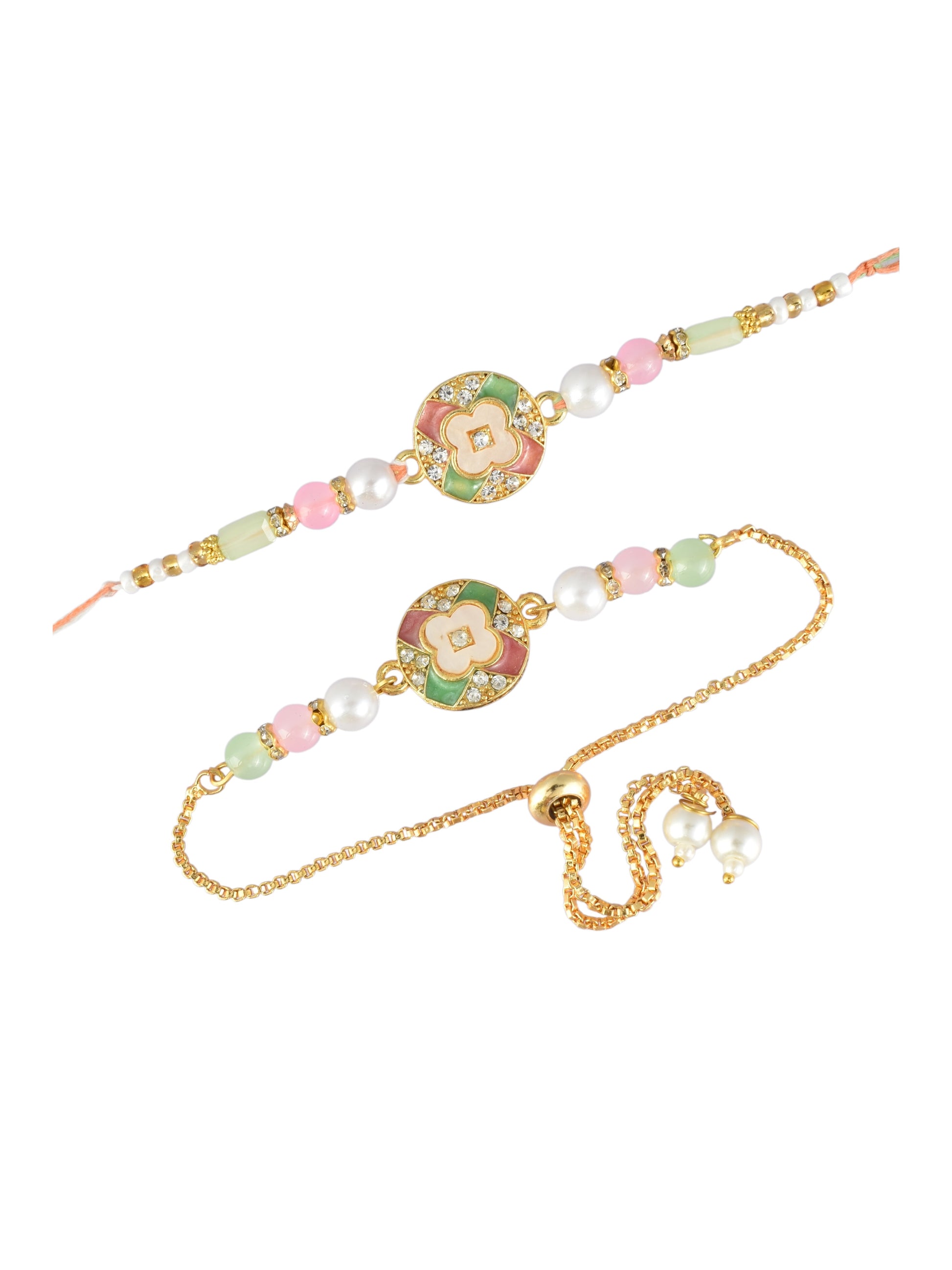 Premium Pastel Round Design AD Studded Beaded Bhai and Bracelet Type for Bhabhi