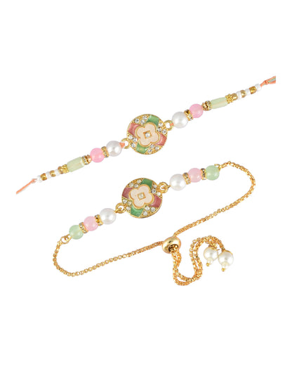 Premium Pastel Round Design AD Studded Beaded Bhai and Bracelet Type for Bhabhi