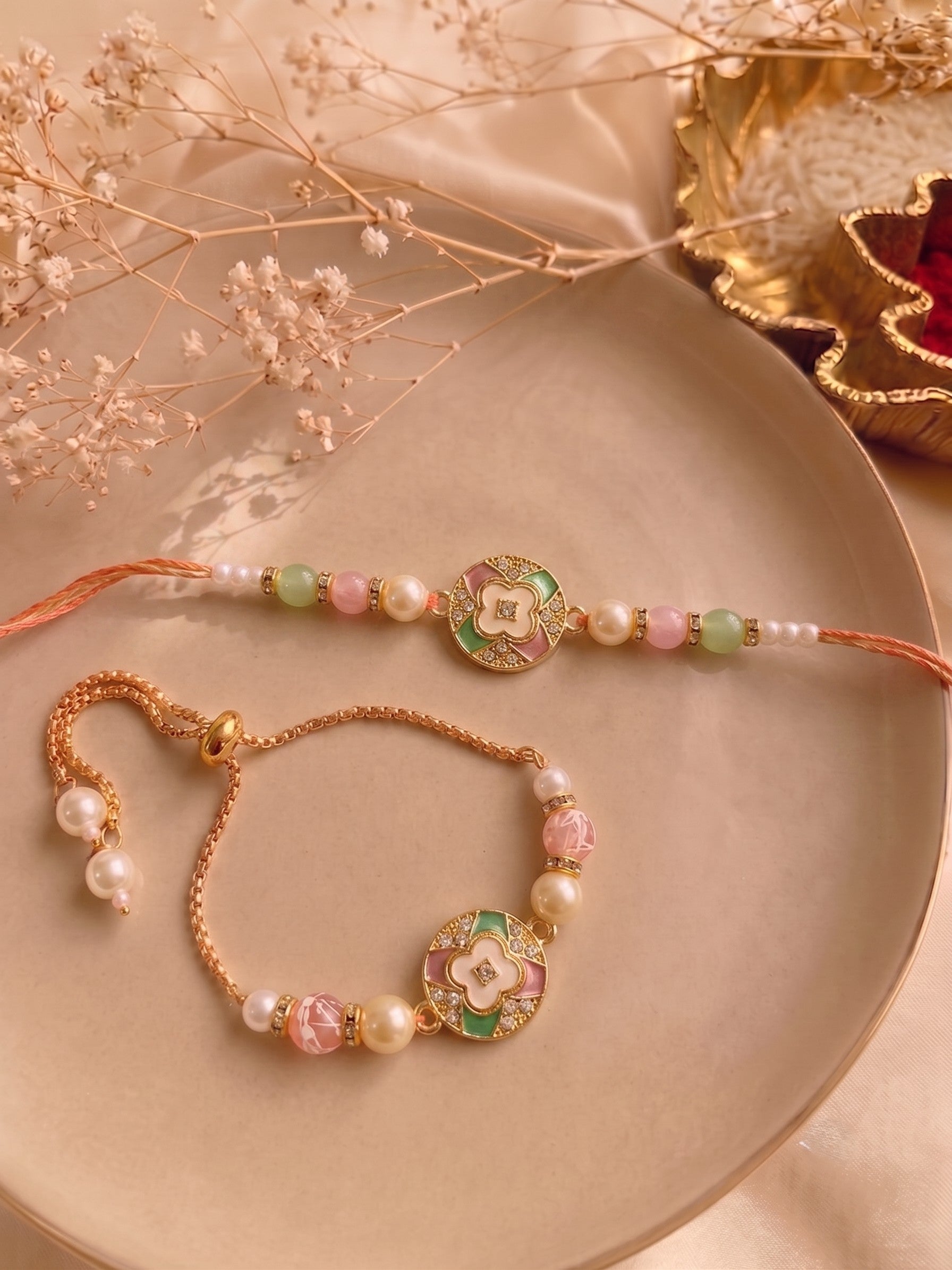 Premium Pastel Round Design AD Studded Beaded Bhai and Bracelet Type for Bhabhi