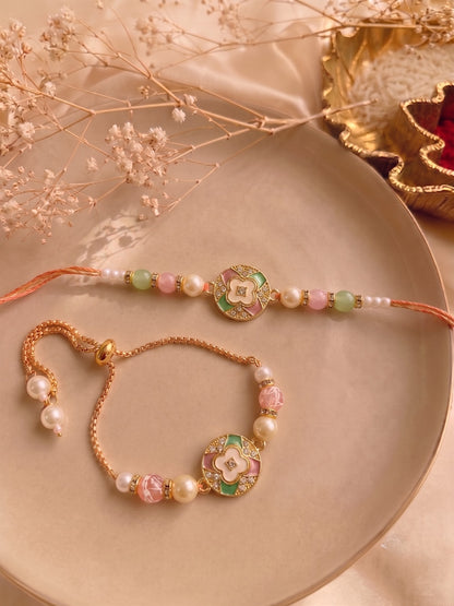 Premium Pastel Round Design AD Studded Beaded Bhai and Bracelet Type for Bhabhi