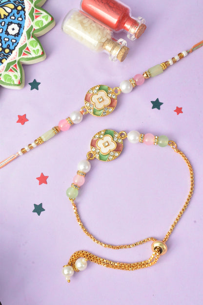 Premium Pastel Round Design AD Studded Beaded Bhai and Bracelet Type for Bhabhi