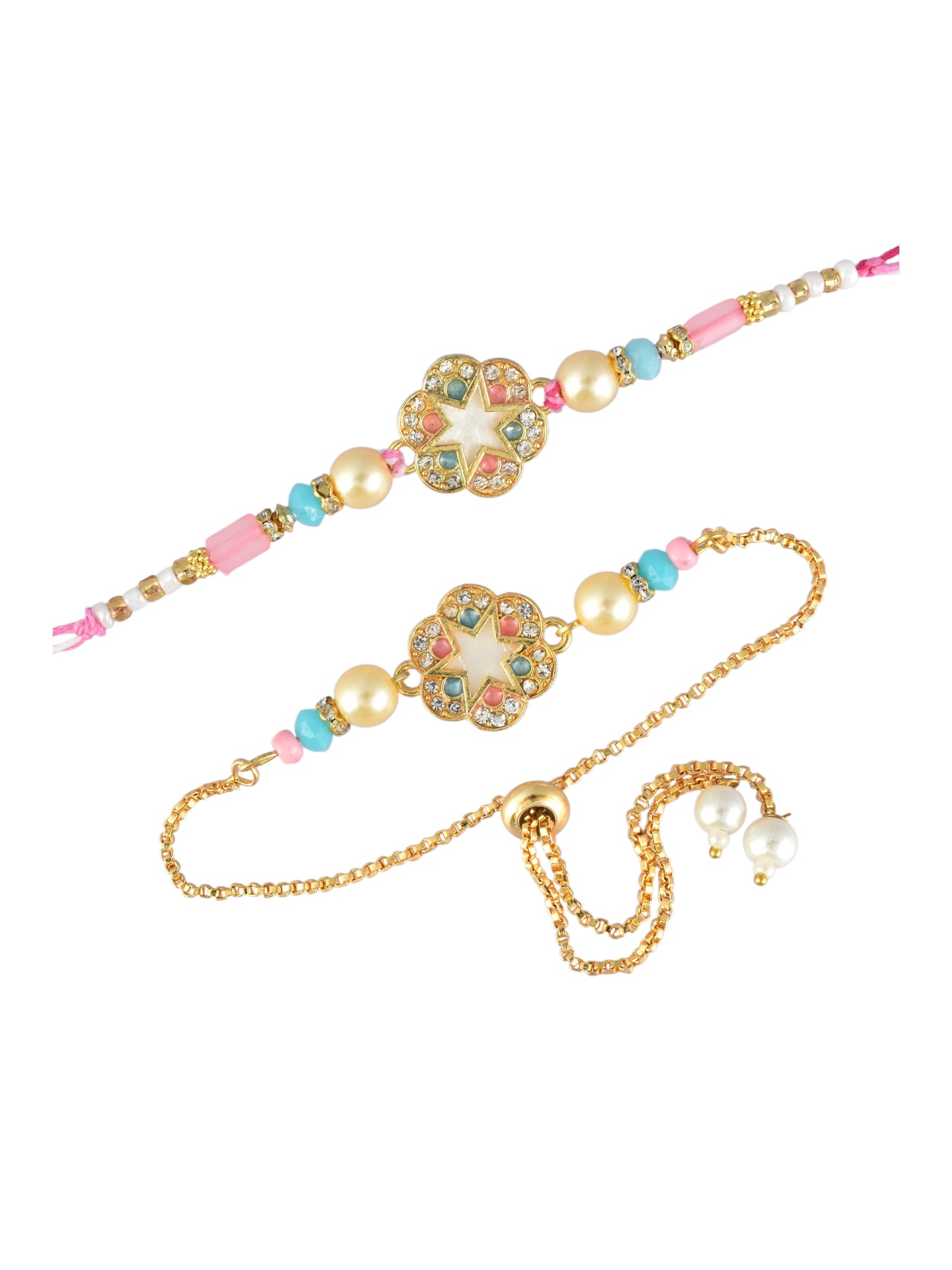 Premium Pastel Round Design AD Studded Beaded Bhai and Bracelet Type for Bhabhi