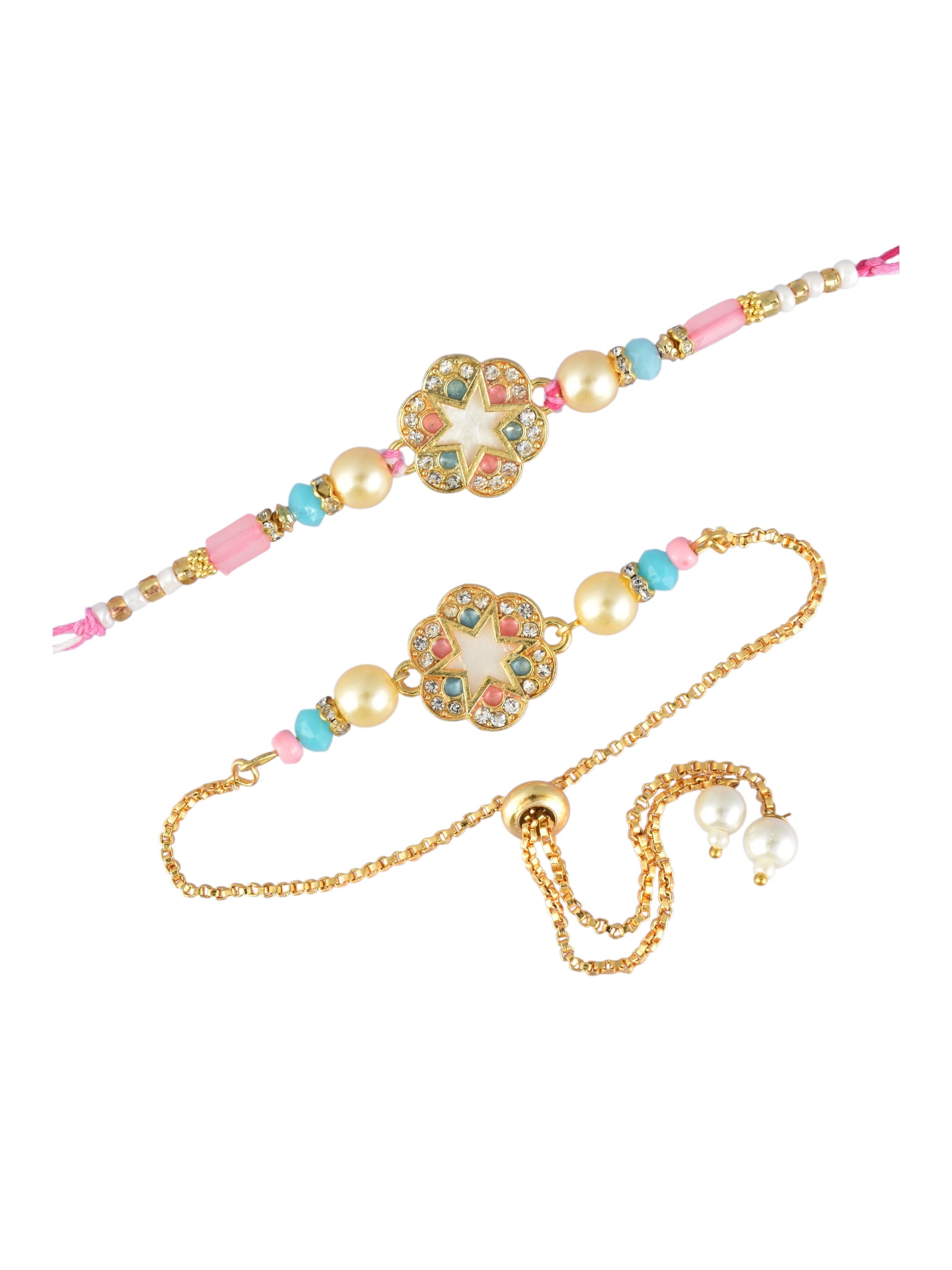 Premium Pastel Round Design AD Studded Beaded Bhai and Bracelet Type for Bhabhi