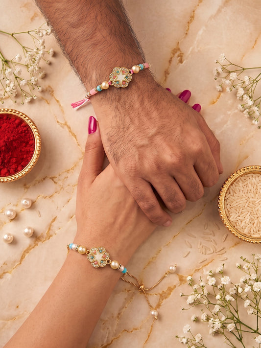 Premium Pastel Round Design AD Studded Beaded Bhai and Bracelet Type for Bhabhi