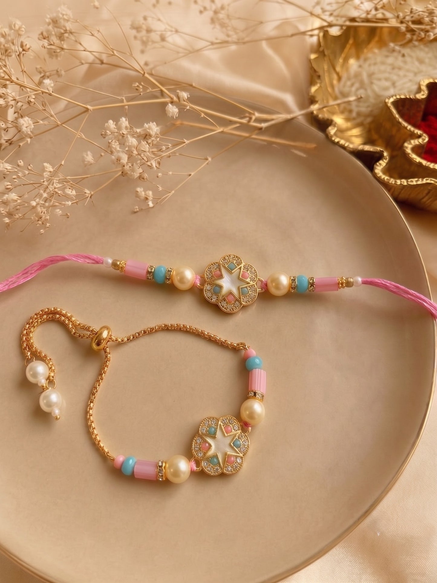 Premium Pastel Round Design AD Studded Beaded Bhai and Bracelet Type for Bhabhi