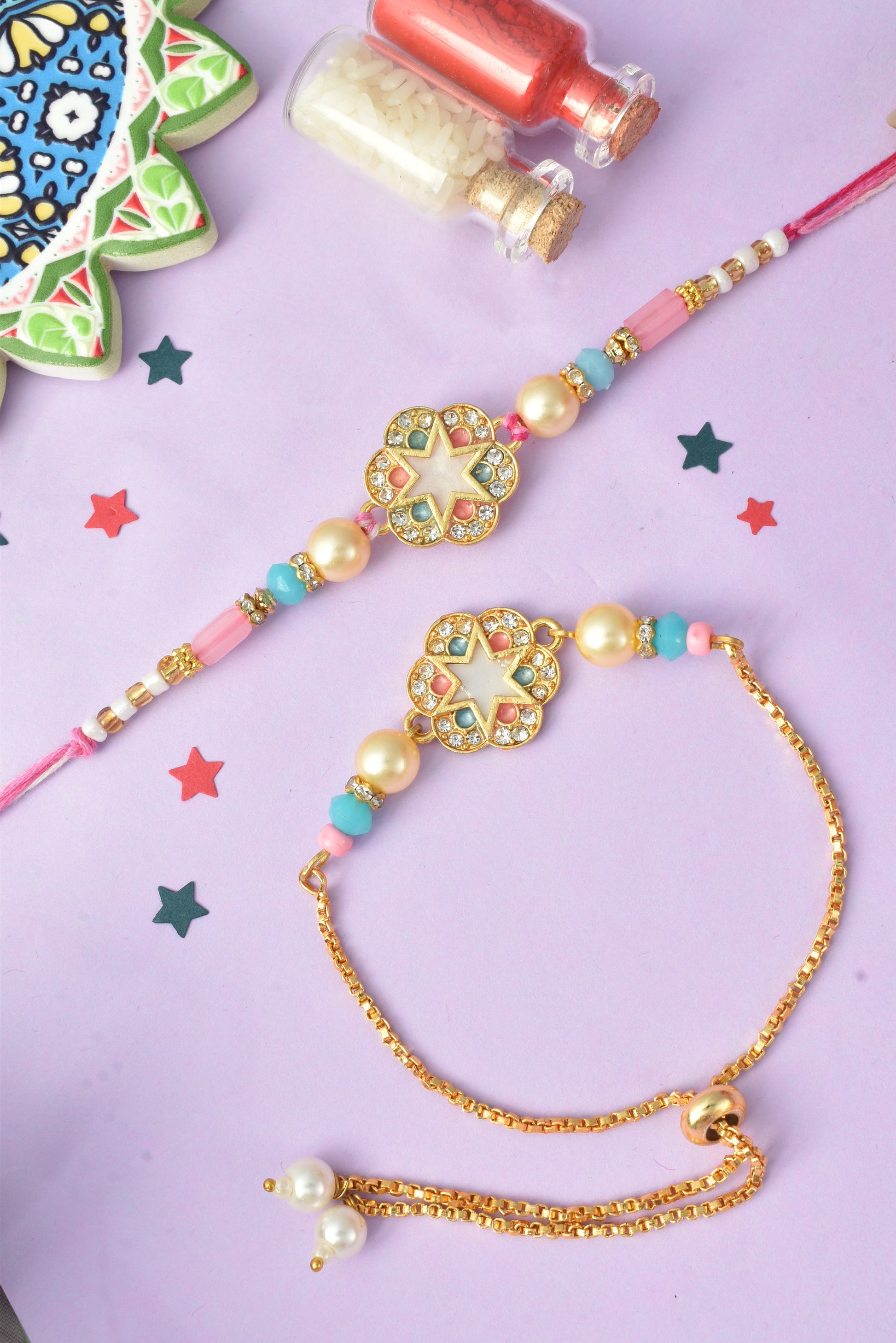 Premium Pastel Round Design AD Studded Beaded Bhai and Bracelet Type for Bhabhi