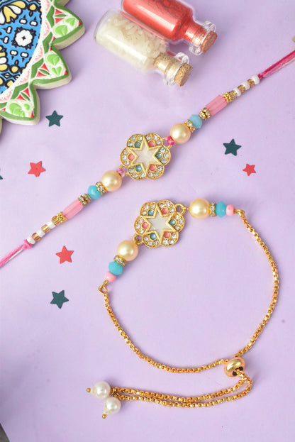 Premium Pastel Round Design AD Studded Beaded Bhai and Bracelet Type for Bhabhi