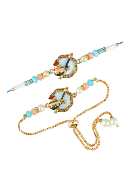 Premium Pastel Kalash Design AD Studded Beaded Bhai and Bracelet Type for Bhabhi