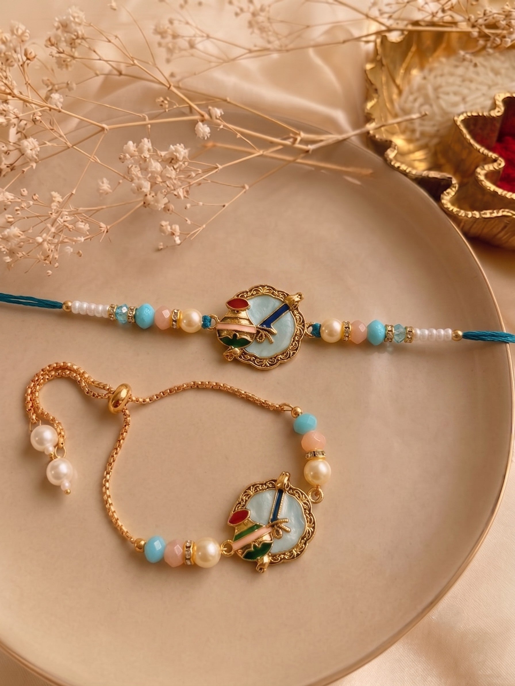 Premium Pastel Kalash Design AD Studded Beaded Bhai and Bracelet Type for Bhabhi