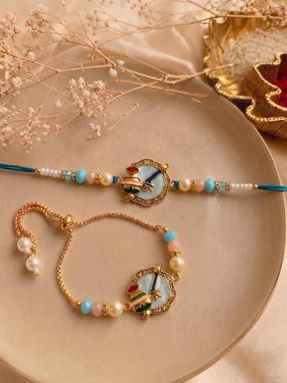 Premium Pastel Kalash Design AD Studded Beaded Bhai and Bracelet Type for Bhabhi