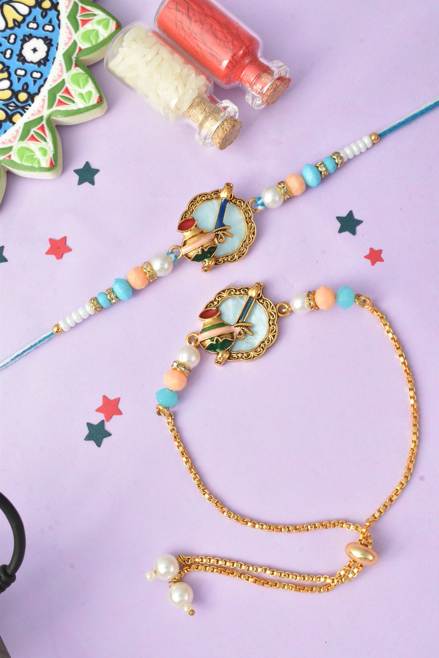 Premium Pastel Kalash Design AD Studded Beaded Bhai and Bracelet Type for Bhabhi