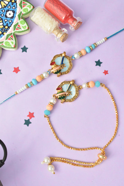 Premium Pastel Kalash Design AD Studded Beaded Bhai and Bracelet Type for Bhabhi