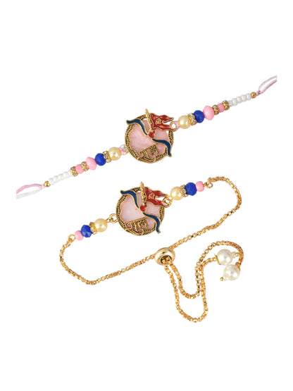 Premium Pastel Coloured Shri Ram Design AD Studded Beaded Bhai and Bracelet Type for Bhabhi