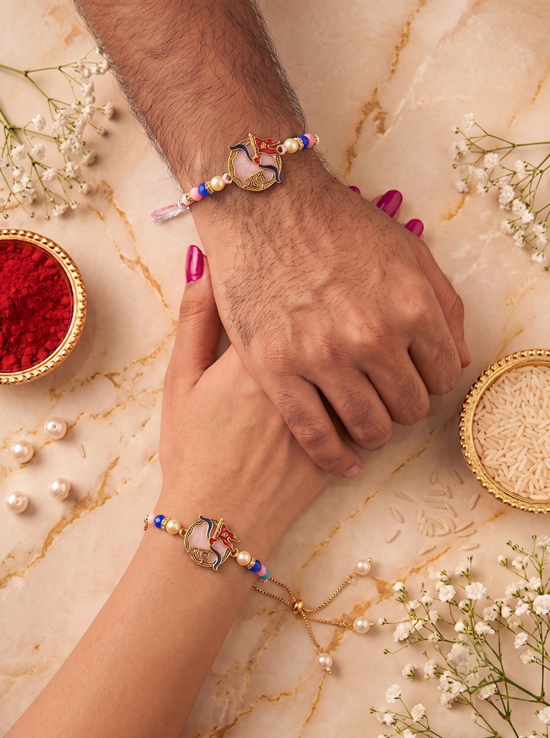 Premium Pastel Coloured Shri Ram Design AD Studded Beaded Bhai and Bracelet Type for Bhabhi