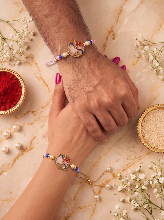 Premium Pastel Coloured Shri Ram Design AD Studded Beaded Bhai and Bracelet Type for Bhabhi