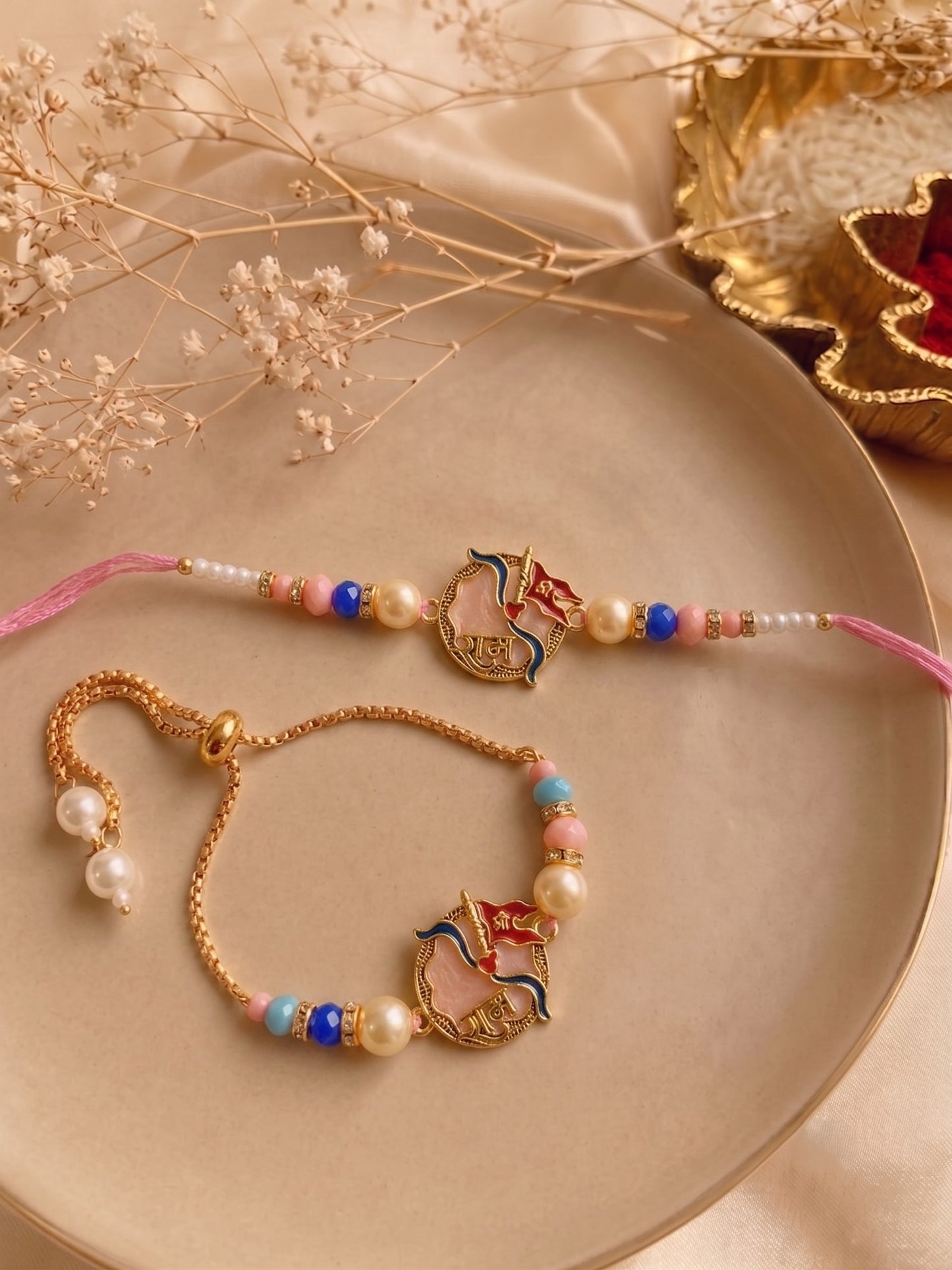 Premium Pastel Coloured Shri Ram Design AD Studded Beaded Bhai and Bracelet Type for Bhabhi