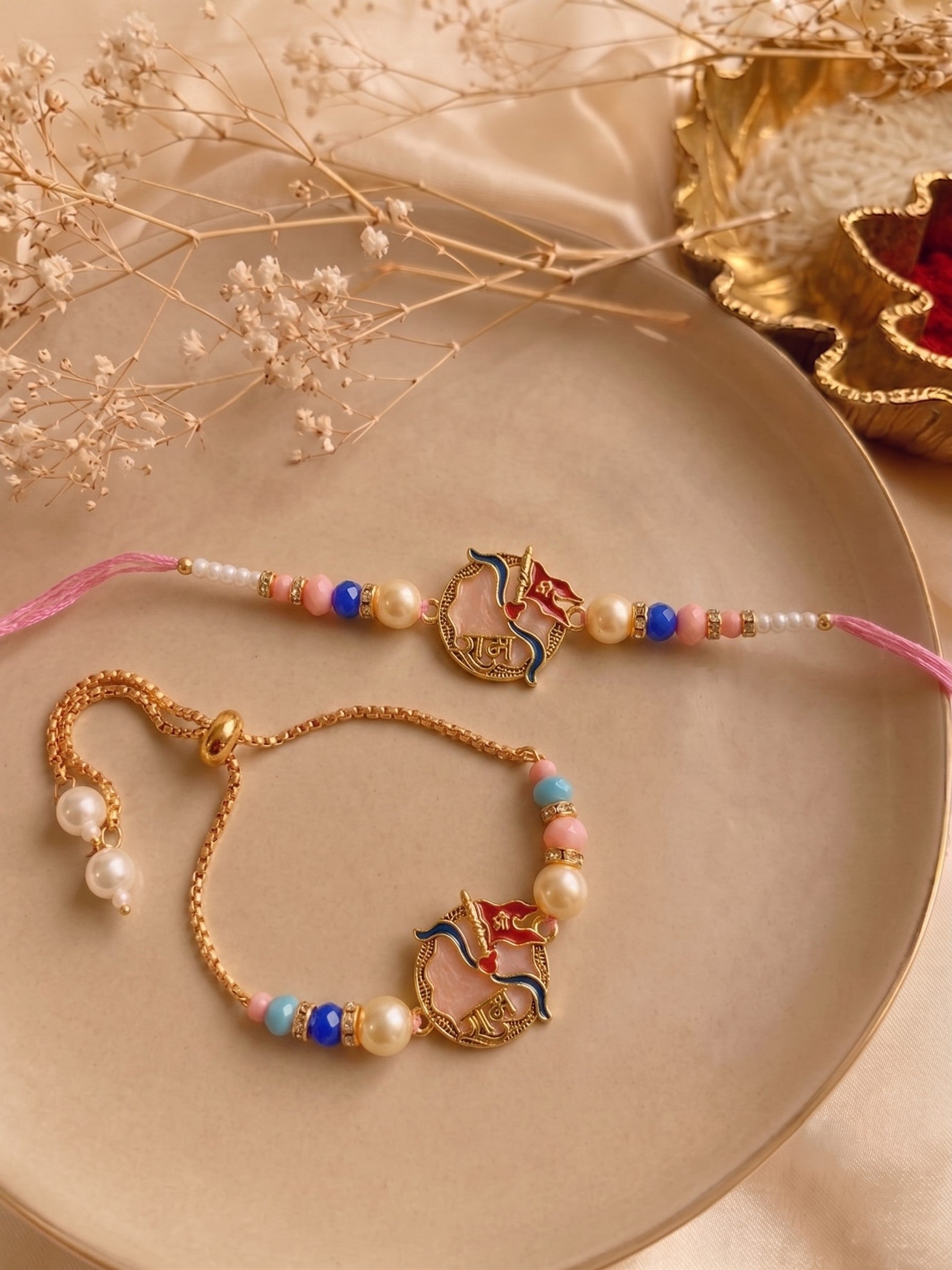 Premium Pastel Coloured Shri Ram Design AD Studded Beaded Bhai and Bracelet Type for Bhabhi