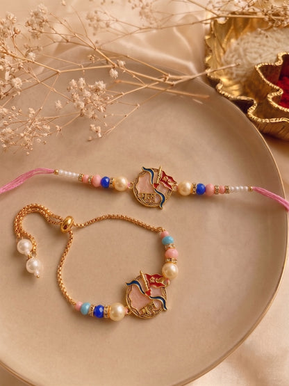 Premium Pastel Coloured Shri Ram Design AD Studded Beaded Bhai and Bracelet Type for Bhabhi