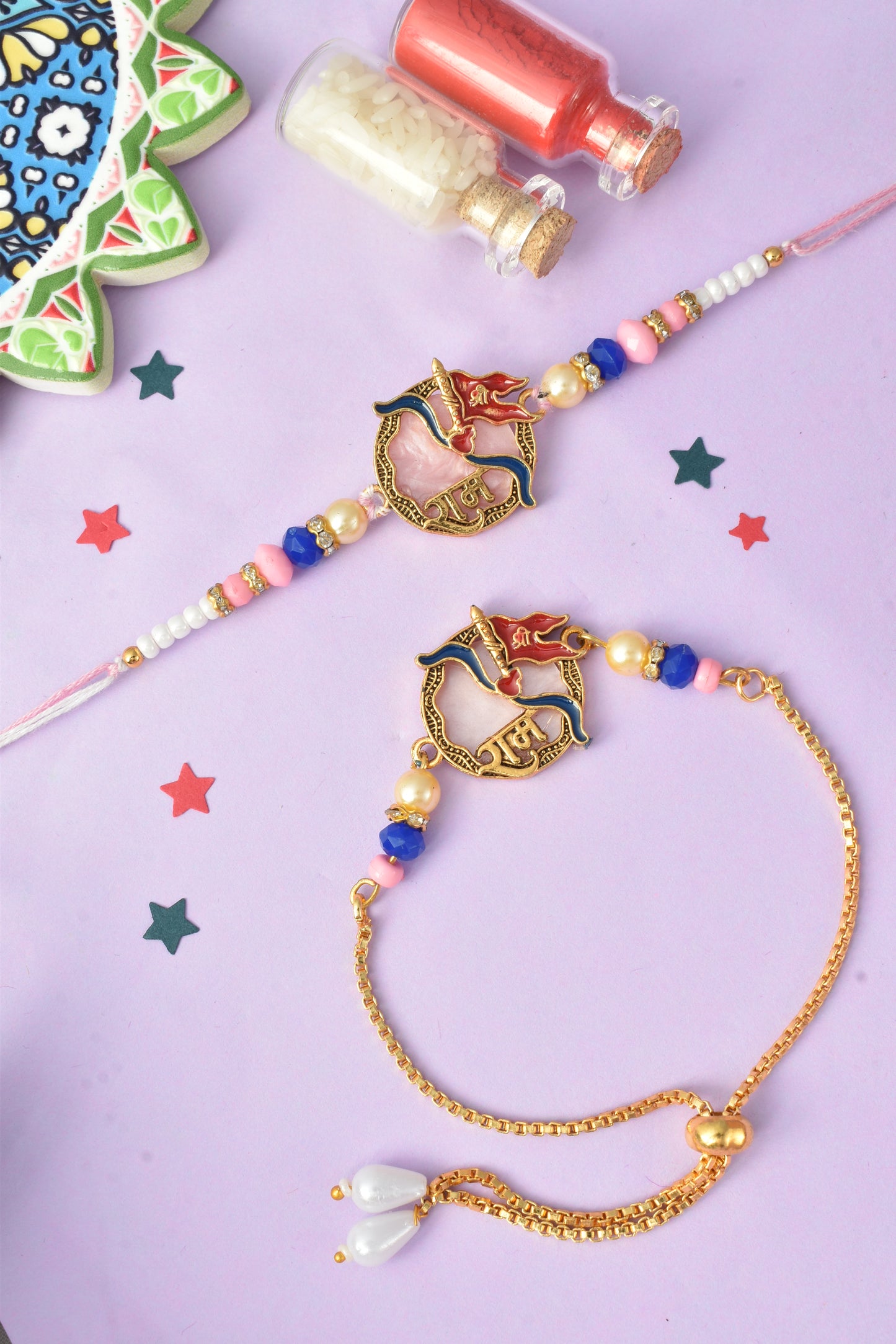 Premium Pastel Coloured Shri Ram Design AD Studded Beaded Bhai and Bracelet Type for Bhabhi