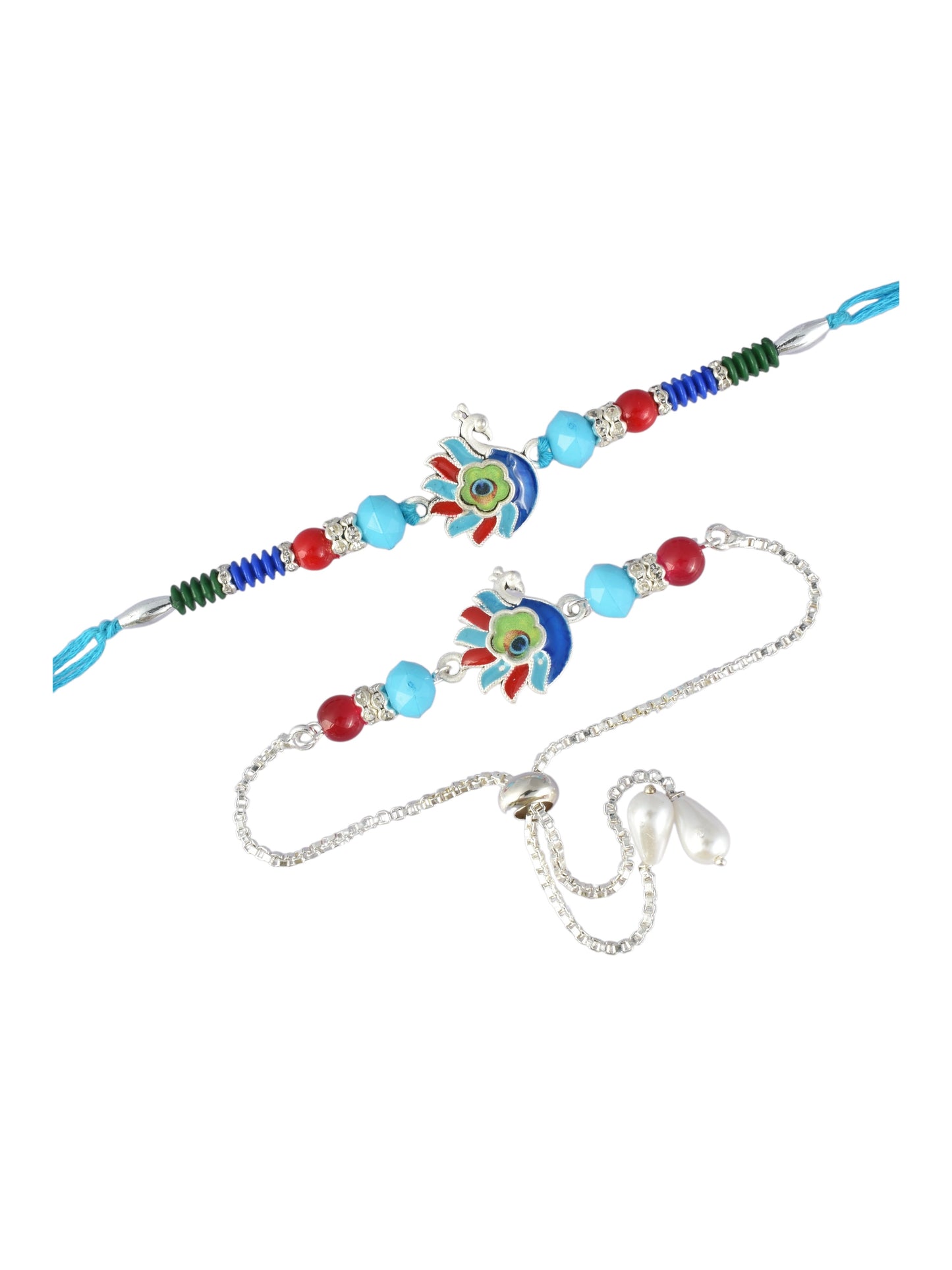 Premium Silver-Plated Peacock Design AD Studded Beaded Bhai and Bracelet Type for Bhabhi