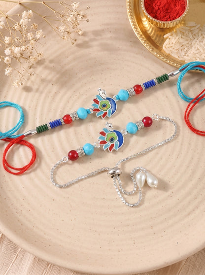 Premium Silver-Plated Peacock Design AD Studded Beaded Bhai and Bracelet Type for Bhabhi