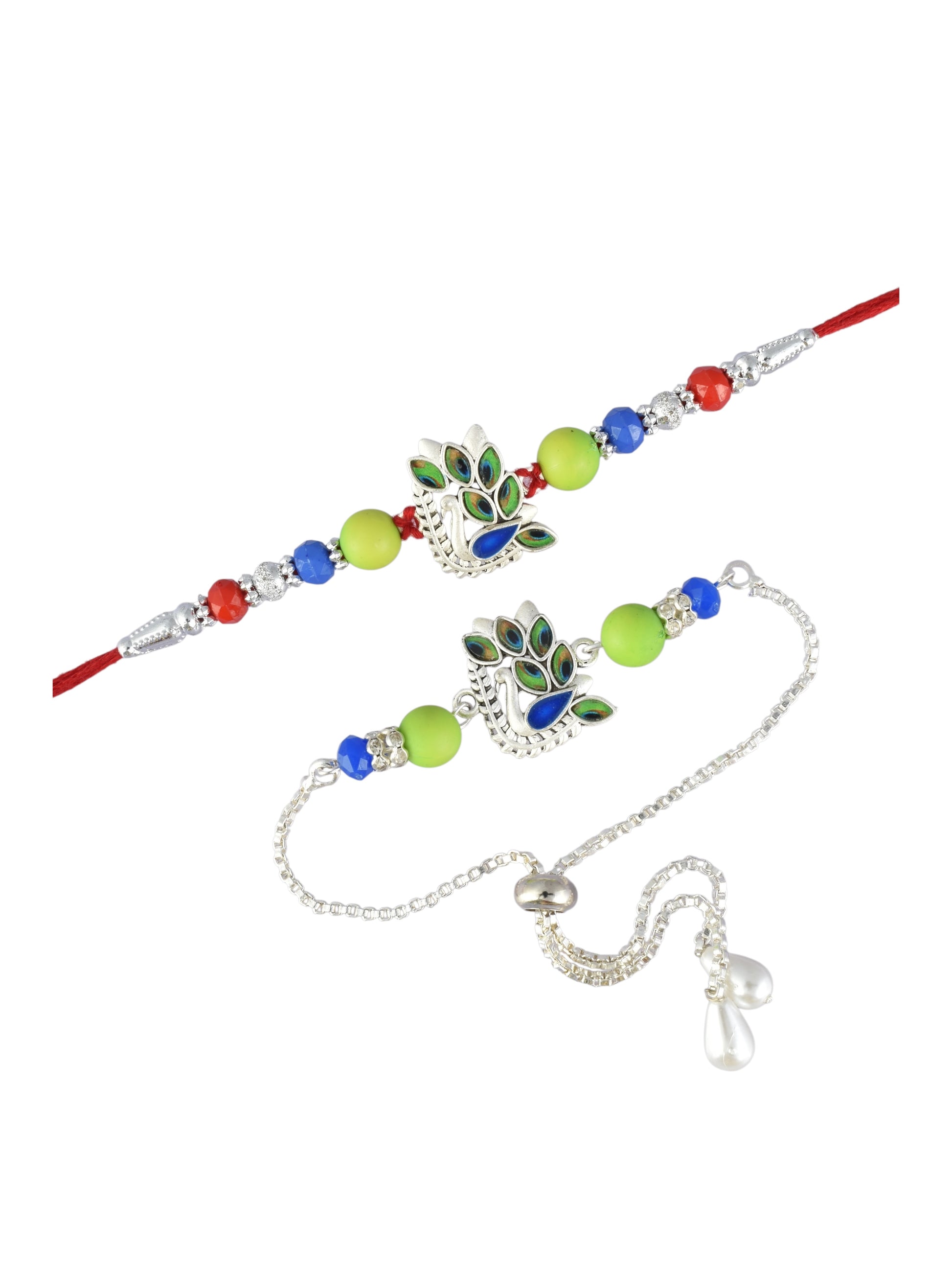 Premium Silver-Plated Peacock Design AD Studded Beaded Bhai and Bracelet Type for Bhabhi