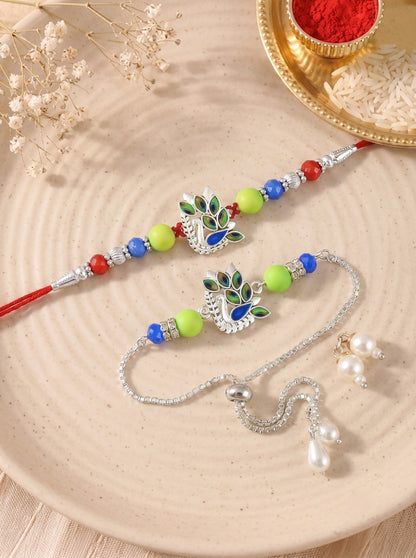 Premium Silver-Plated Peacock Design AD Studded Beaded Bhai and Bracelet Type for Bhabhi