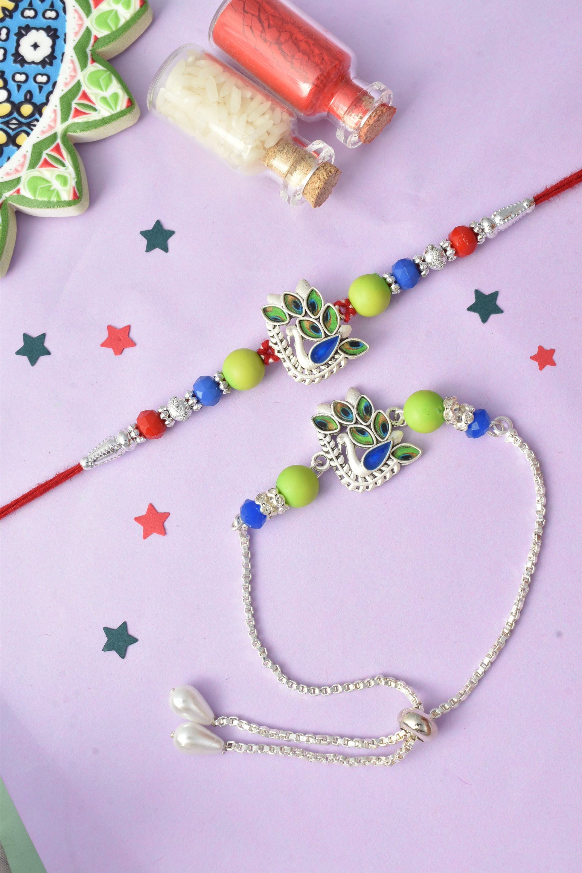Premium Silver-Plated Peacock Design AD Studded Beaded Bhai and Bracelet Type for Bhabhi