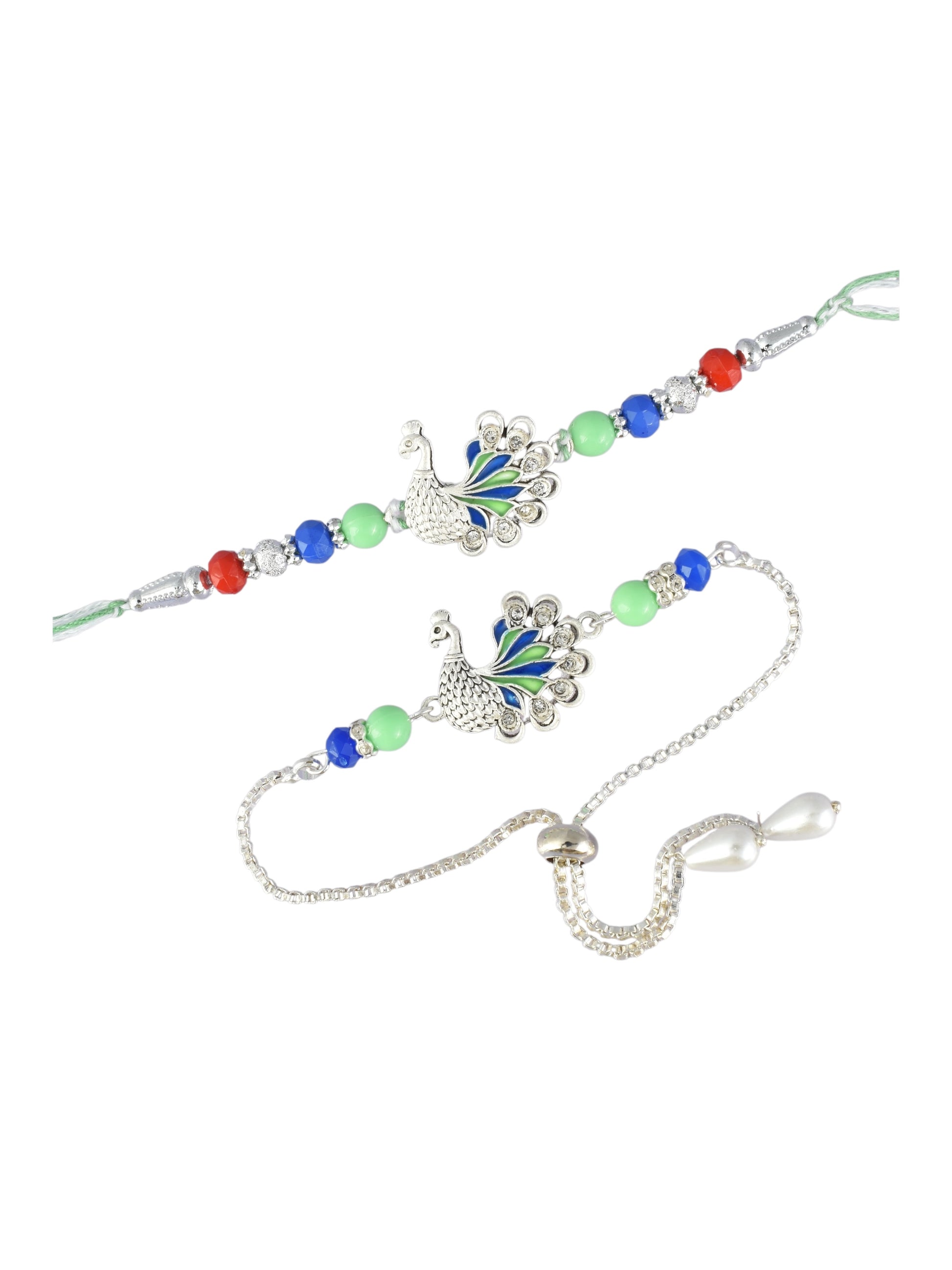 Premium Silver-Plated Peacock Design AD Studded Beaded Bhai and Bracelet Type for Bhabhi