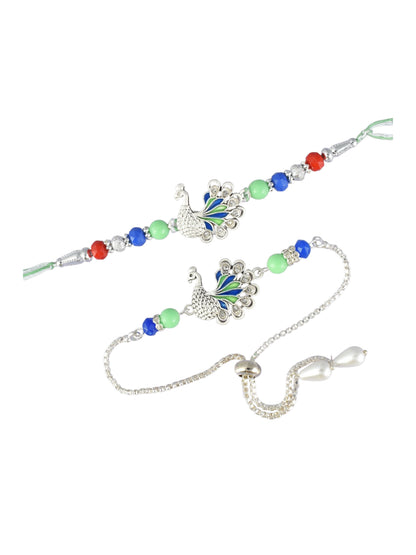 Premium Silver-Plated Peacock Design AD Studded Beaded Bhai and Bracelet Type for Bhabhi