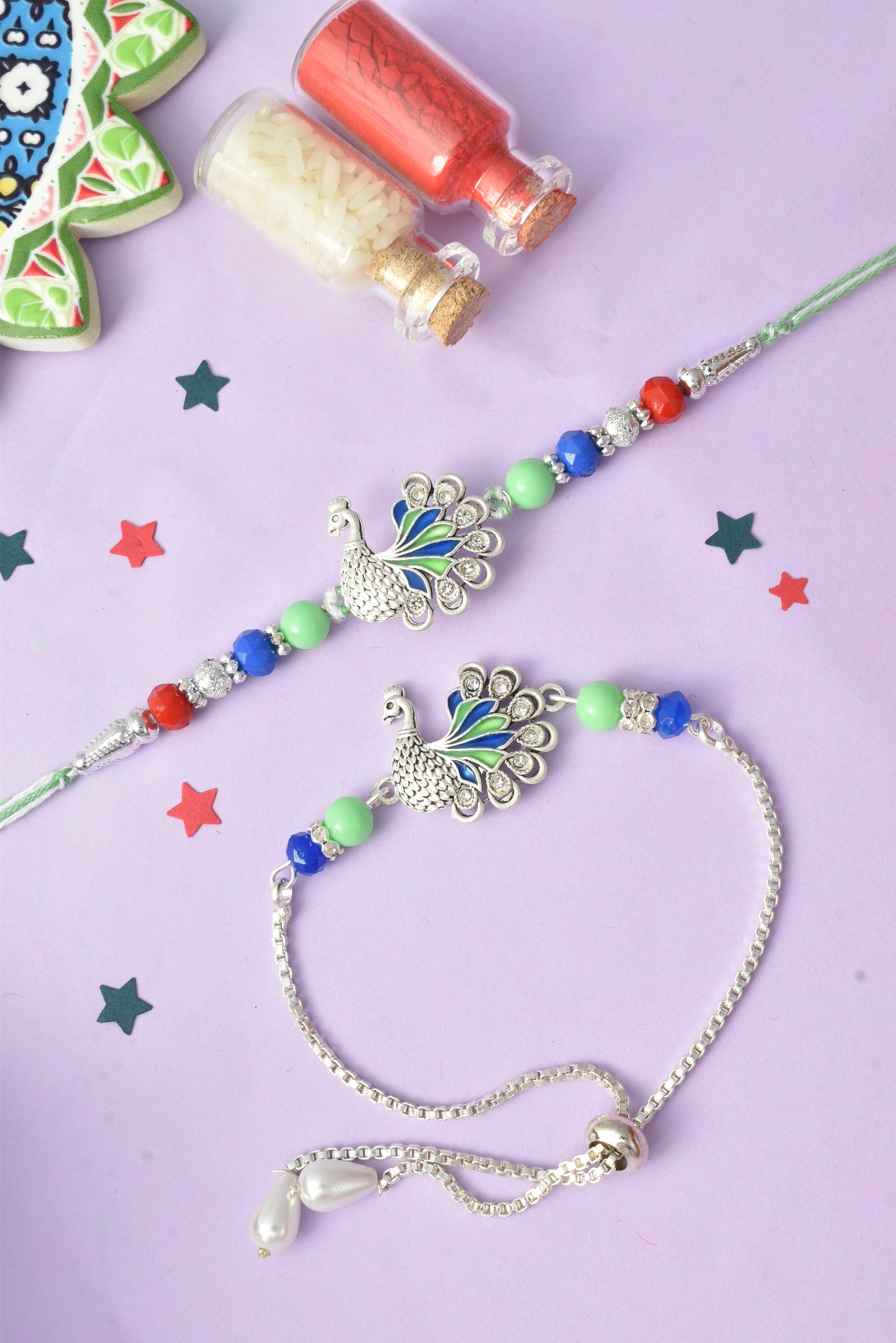 Premium Silver-Plated Peacock Design AD Studded Beaded Bhai and Bracelet Type for Bhabhi