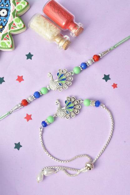 Premium Silver-Plated Peacock Design AD Studded Beaded Bhai and Bracelet Type for Bhabhi