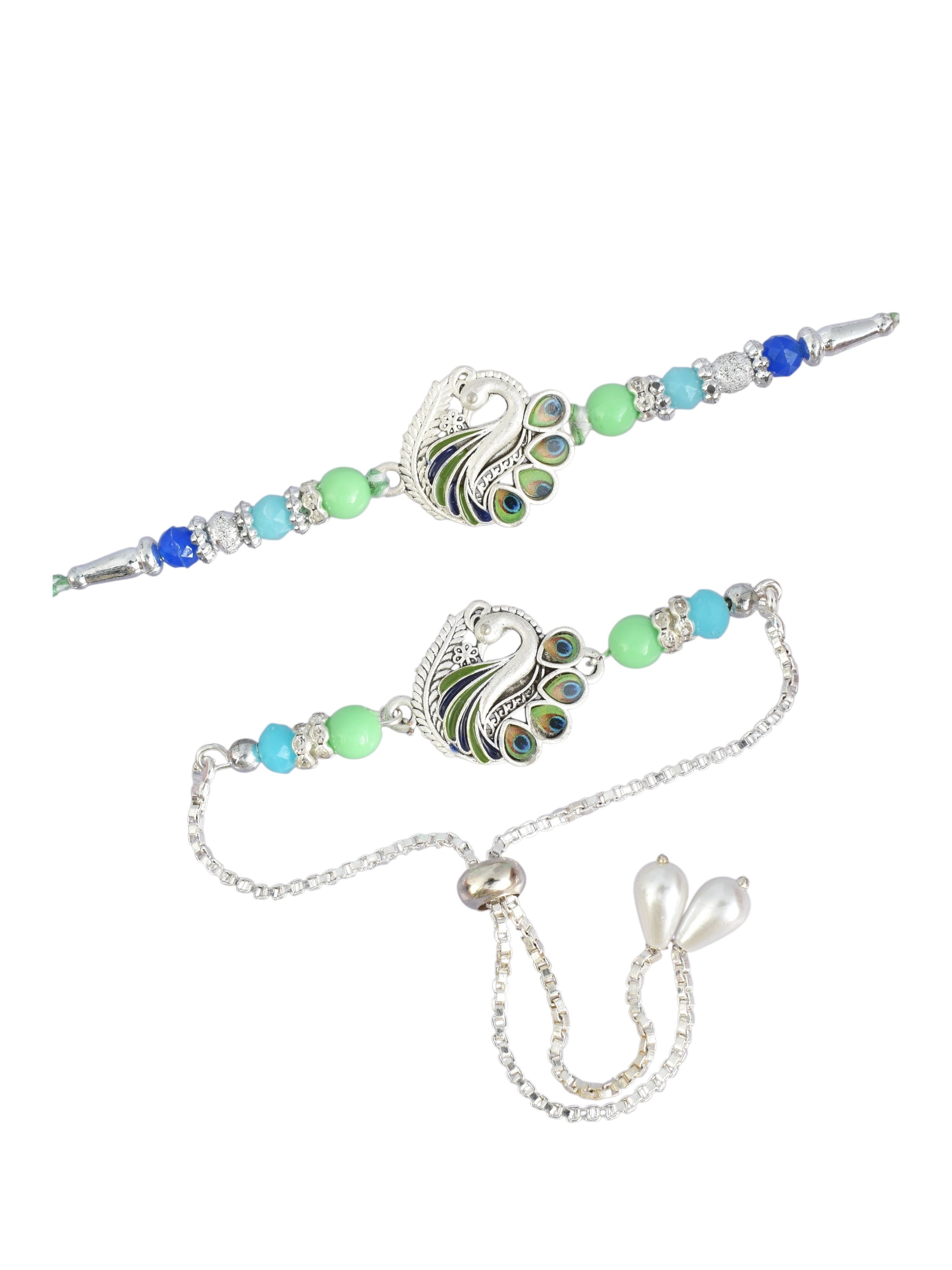 Premium Silver-Plated Peacock Design AD Studded Beaded Bhai and Bracelet Type for Bhabhi