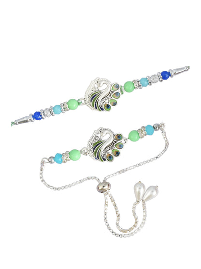 Premium Silver-Plated Peacock Design AD Studded Beaded Bhai and Bracelet Type for Bhabhi